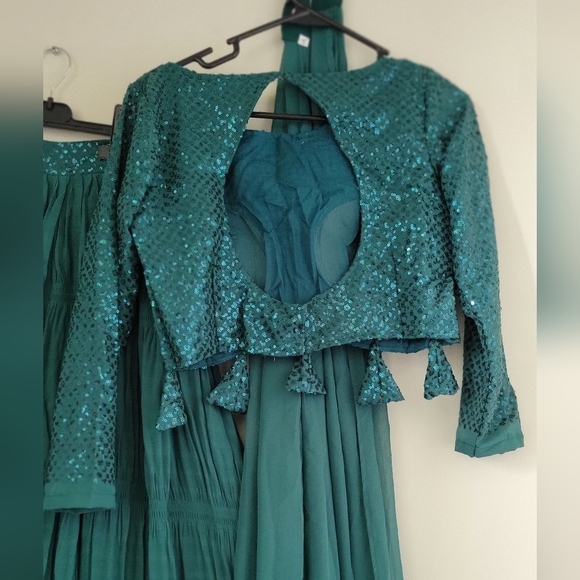 Georgette Pletting Pattern Lehenga Choli with Sequins-Thread Embroidered Green - Picture 7 of 7